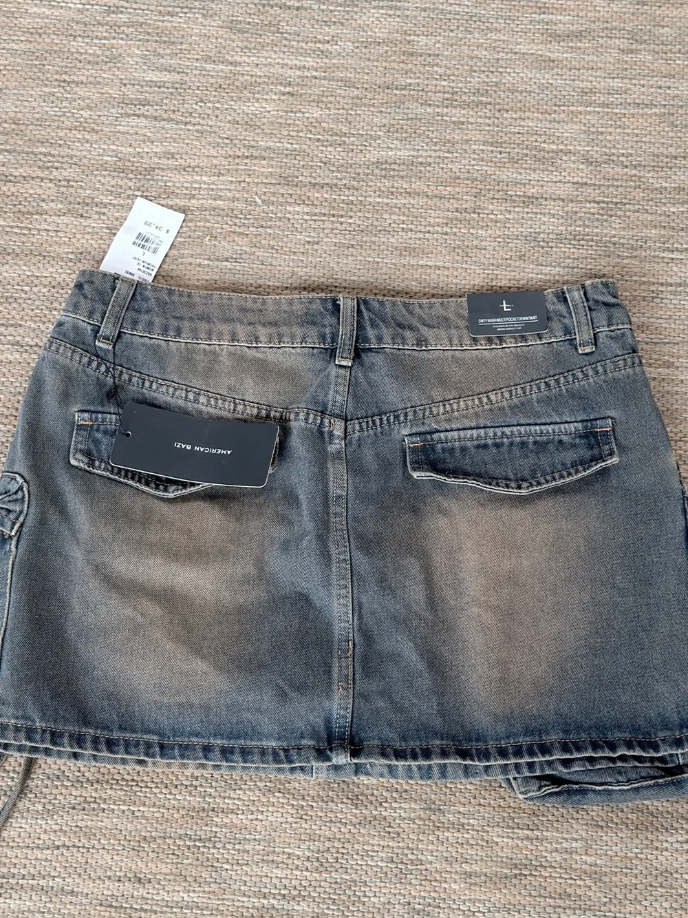 American Bazi Dirtywash Multipocket Blue Denim Mini Skirt Large‎ NWT